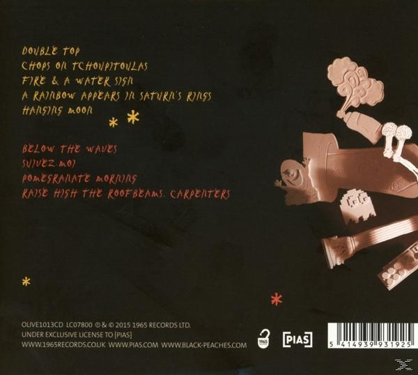 CD-hoesje met tekst en abstracte vormen. De tekst bevat songtitels en labelinformatie. Vormen zijn beige en op een zwarte achtergrond.