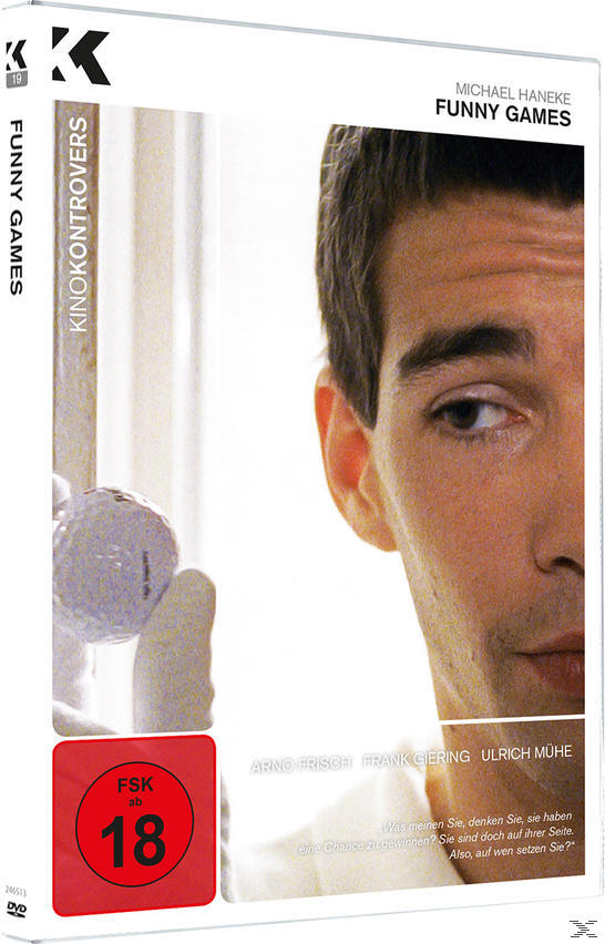 Funny Games DVD-Hülle. Das Gesicht eines Mannes neben einem Golfball. Roter FSK 18 Aufkleber.