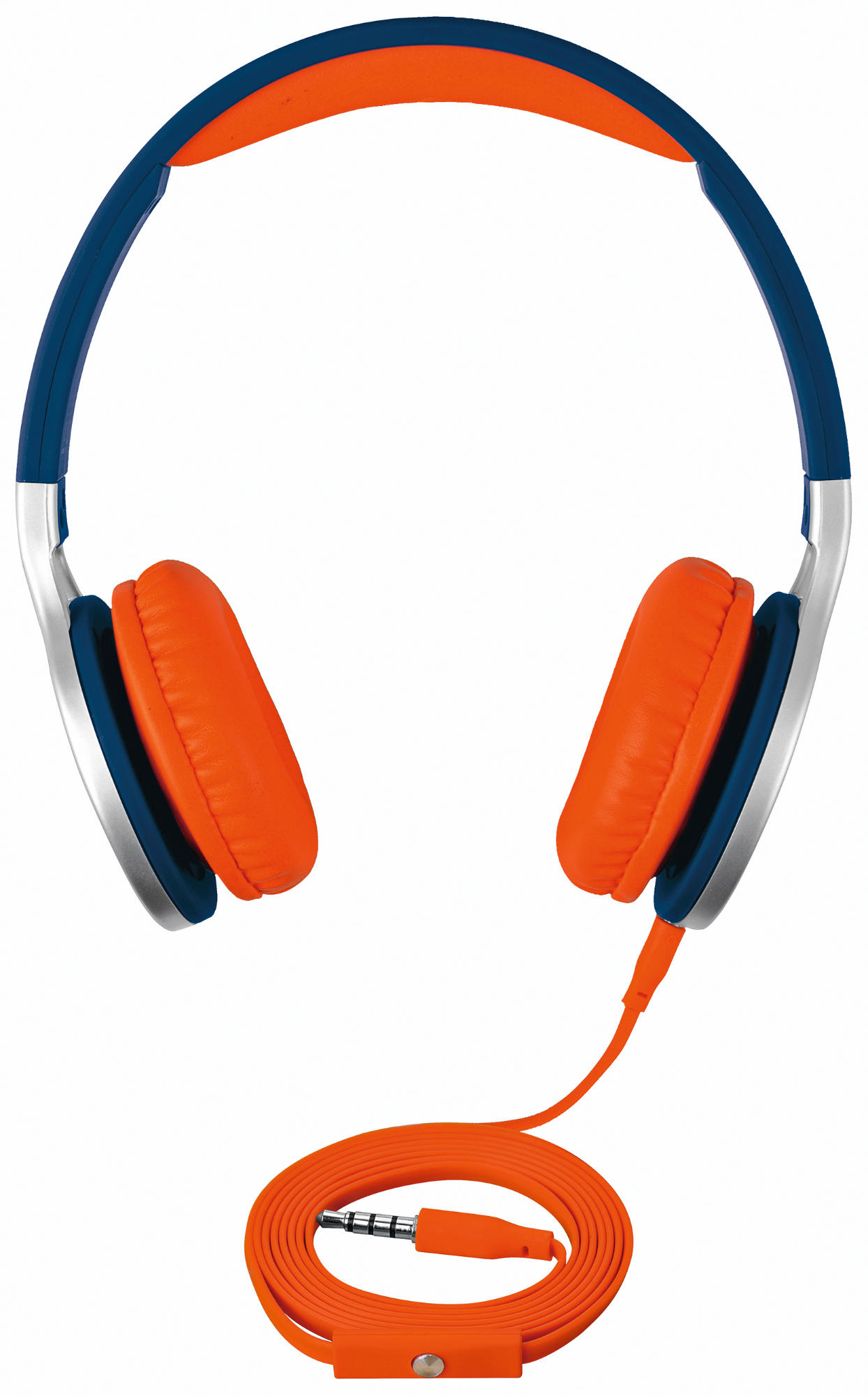 Auriculares naranjas y azules con un cable naranja enrollado.