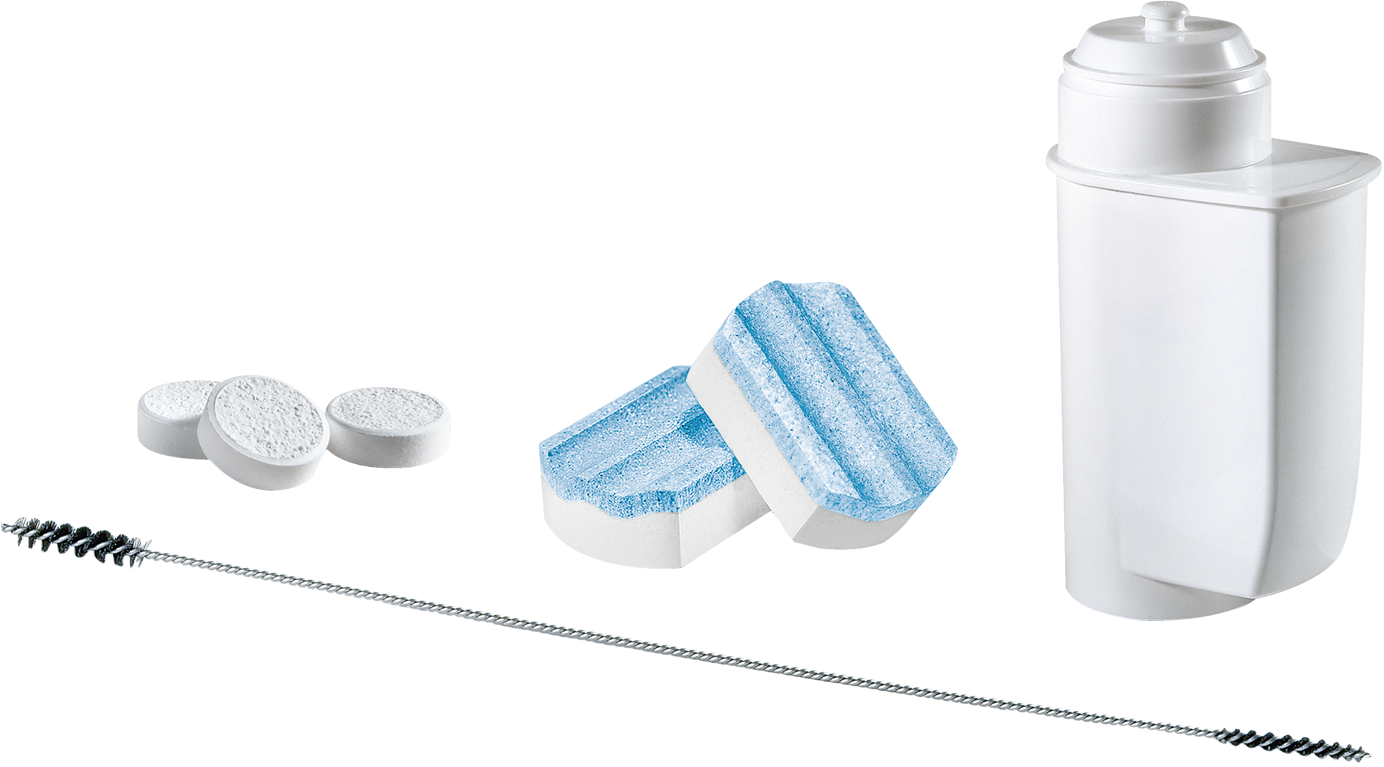 Wasserfilterkomponenten, einschließlich Filter, Reinigungstabletten und eine Bürste.