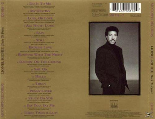 CD borító. Lionel Richie, 'Back to Front' album. Richie fotója öltönyben.
