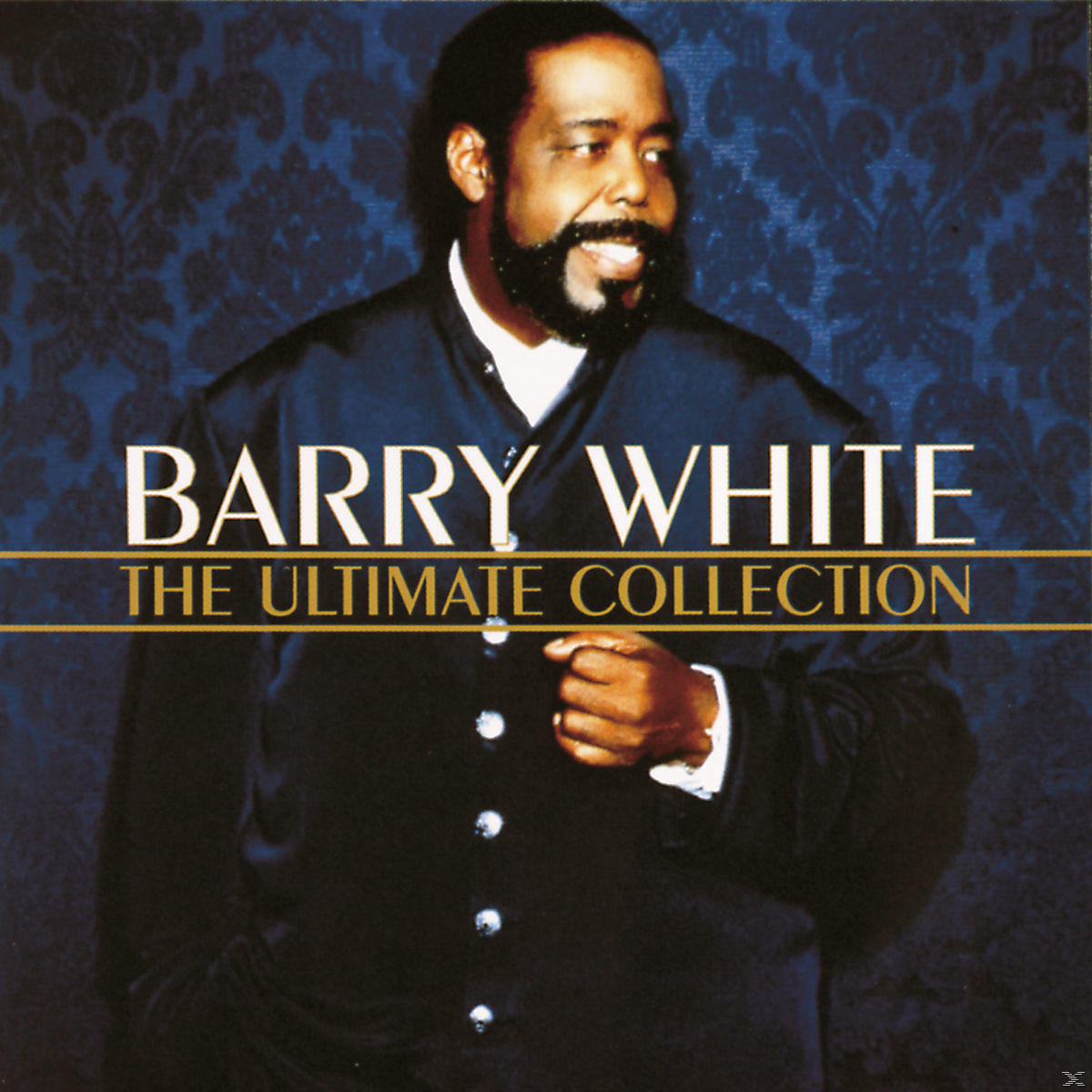 Barry White Albumcover. Er trägt einen schwarzen Anzug und lächelt. Der Text lautet 'Barry White, The Ultimate Collection' auf blauem Hintergrund.