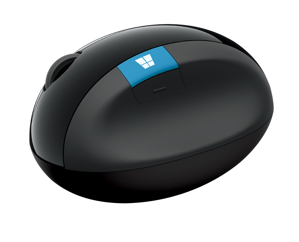 Schwarze Computermaus mit blauem Windows-Logo. Sie hat ein Scrollrad und eine Taste.