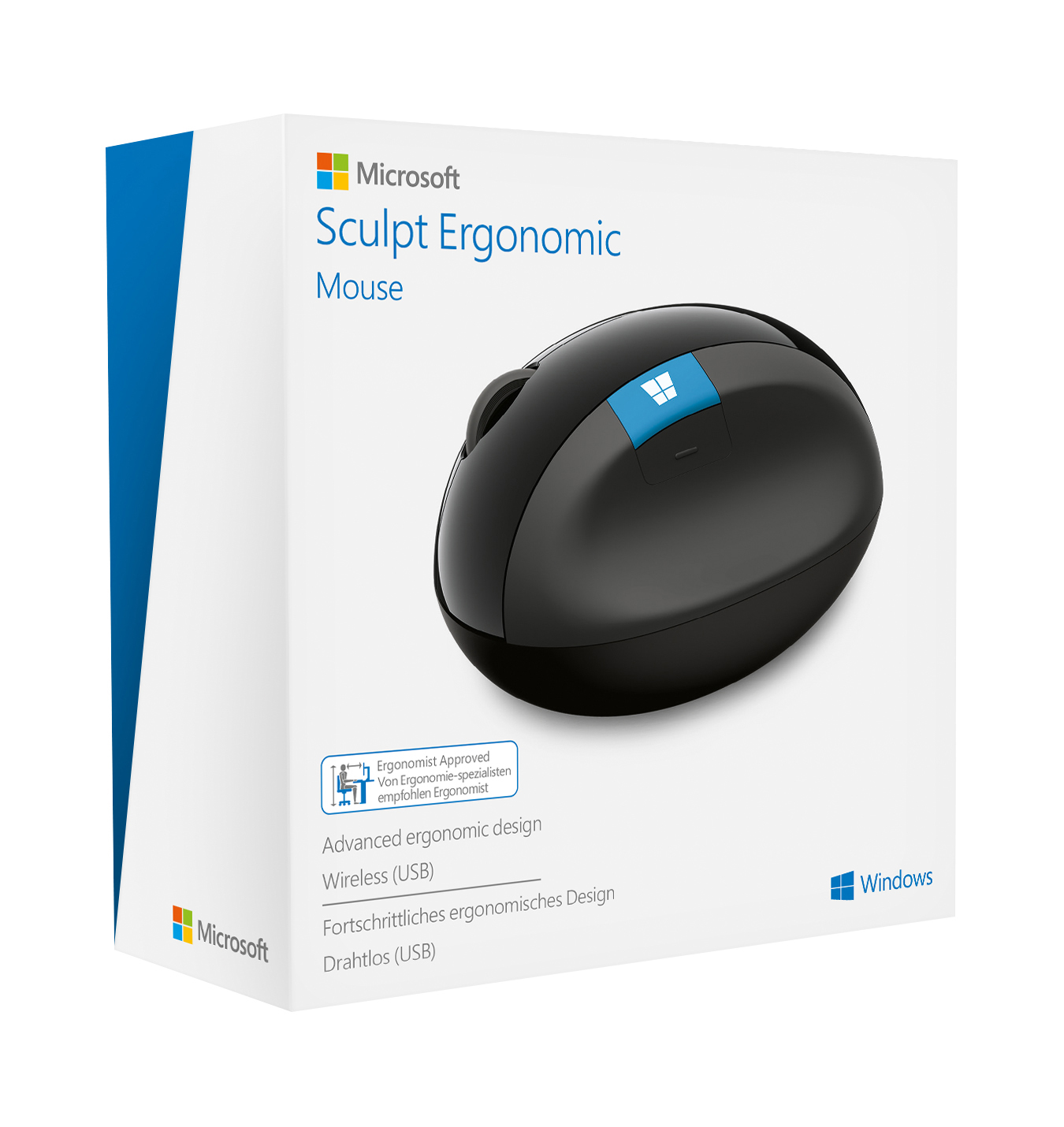 Ergonomische Maus im Karton. Weiße Schachtel mit blauem und orangefarbenem Microsoft-Logo. Schwarze Maus darin.