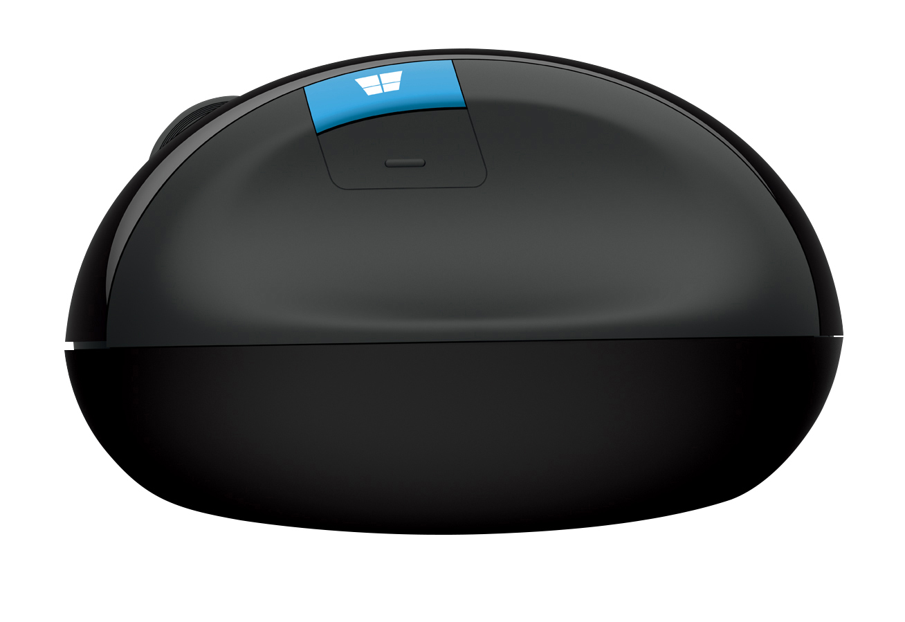 Eine schwarze Microsoft-Maus mit einer blauen Windows-Logo-Taste, von der Seite gesehen. Schwarz auf weißem Hintergrund.