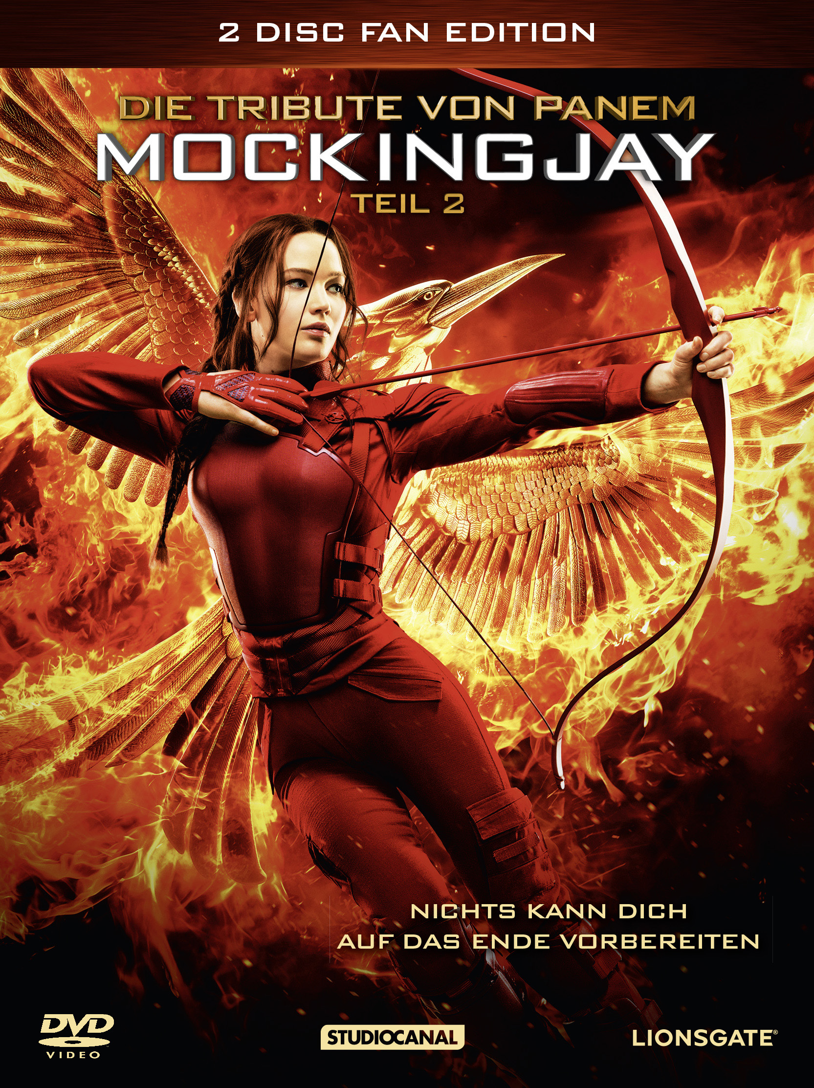 Filmplakat: Frau mit Pfeil und Bogen, Titel 'Mockingjay Teil 2' und feuriger Hintergrund.