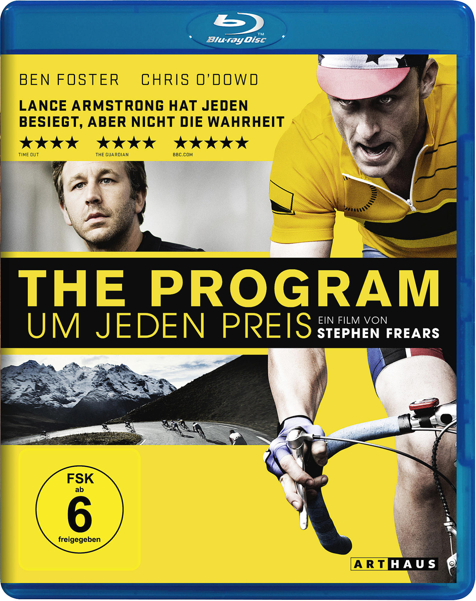 DVD-Cover des Films The Program. Radfahrer auf der Straße. Schauspieler auf dem Cover.