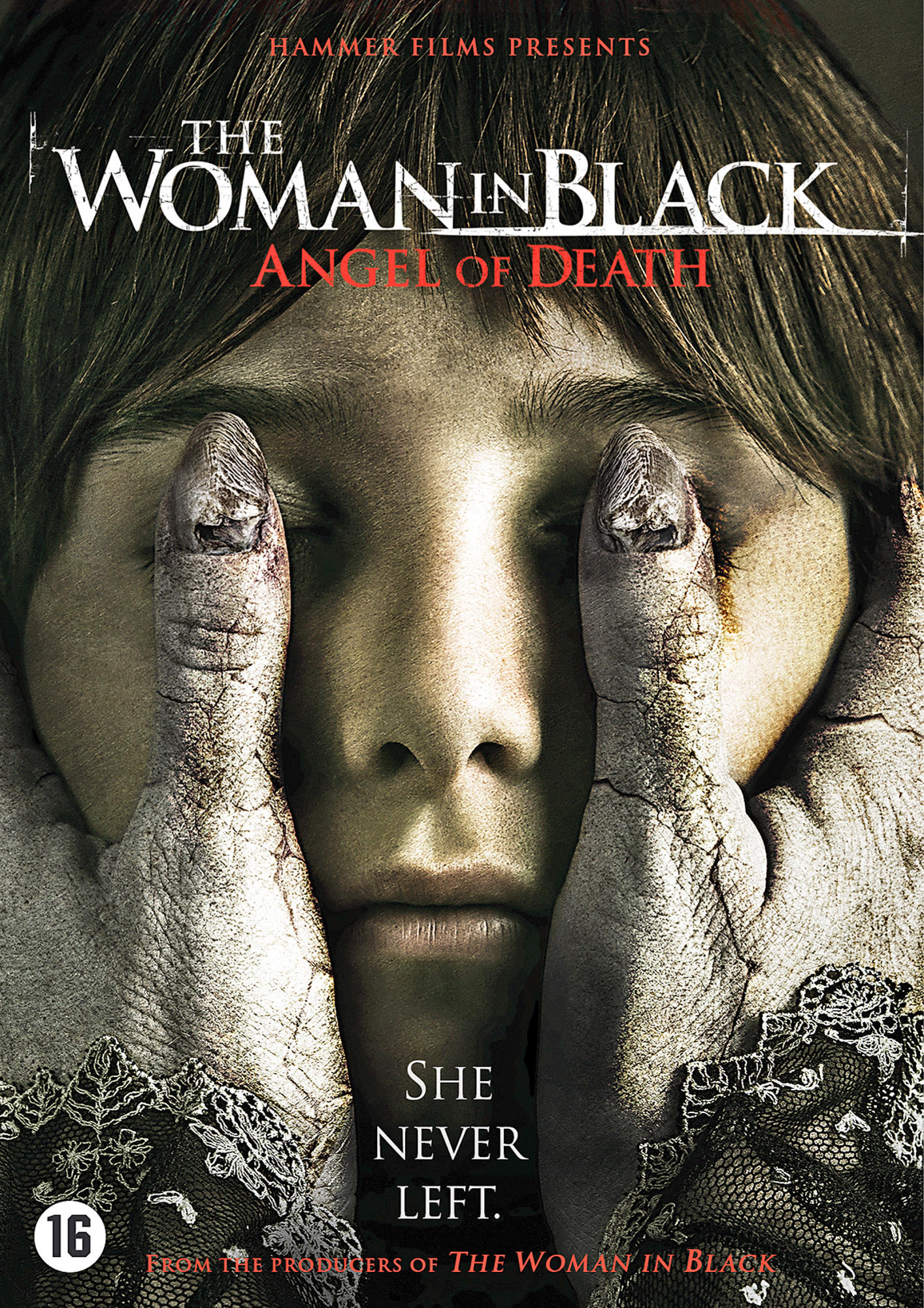 Couverture de DVD. Visage d'une personne avec les mains sur les yeux. Fond sombre. Titre : The Woman in Black.