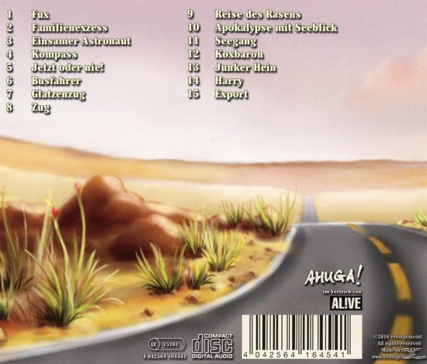 Album-Rückseite. Text und eine Straßenillustration auf Wüstenhintergrund.