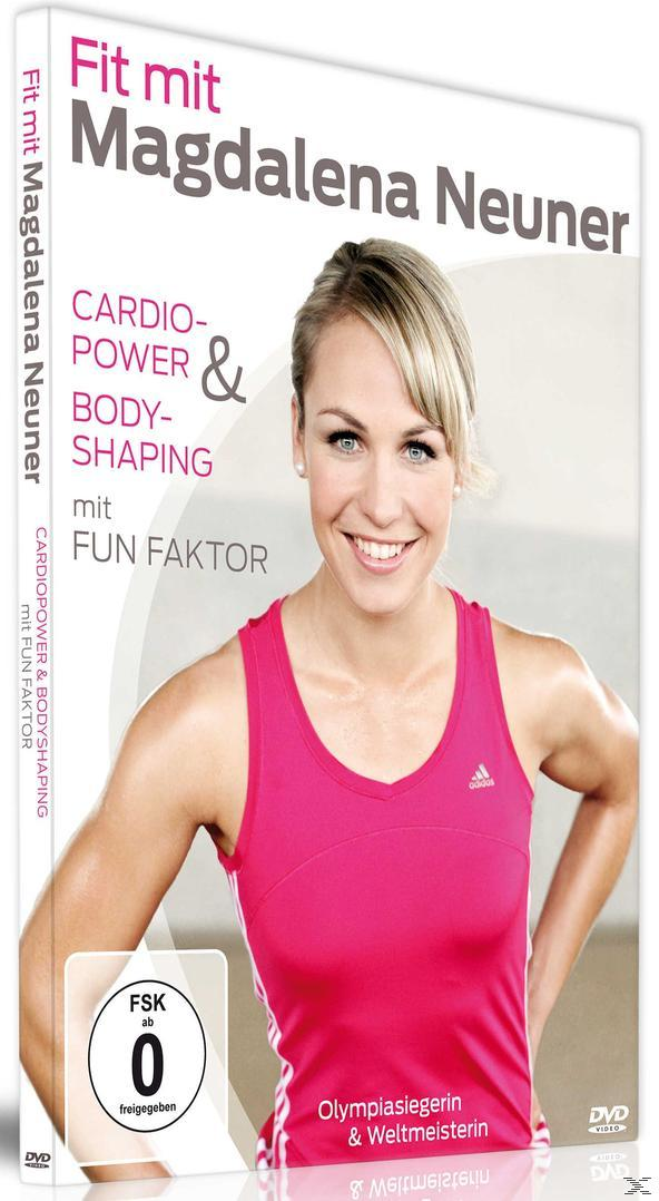 DVD-Cover mit einer lächelnden Frau in einem rosa Top, das ein Fitnessprogramm mit dem Titel 'Fit mit Magdalena Neuner' bewirbt.
