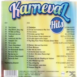CD-Cover mit Titeln, Künstlern und einem blauen Kreis mit dem Text "Karneval Hits".
