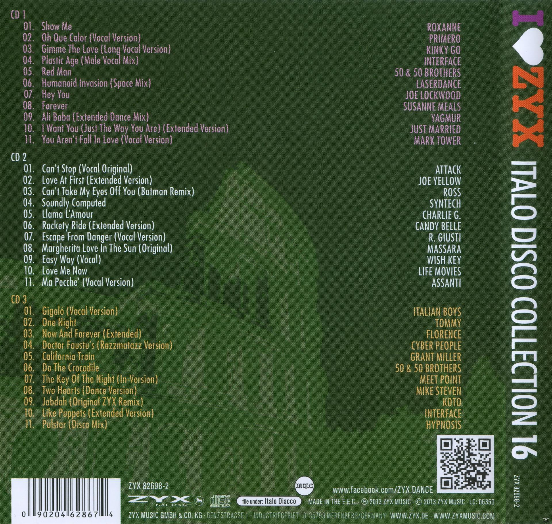 CD-Hülle mit Titelliste. Die Hülle hat ein herzförmiges 'I' und die Worte 'ZYX Italo Disco Collection'.
