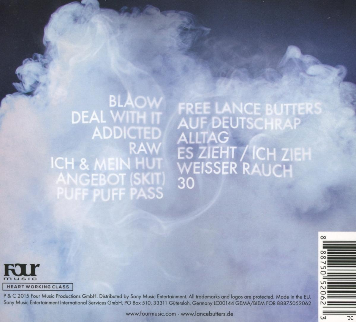 Albumcover mit blauem, rauchigem Hintergrund und weißem Text.