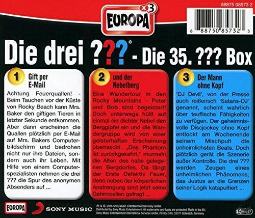 Die drei ??? - Die 35. ??? Box DVD-Cover, mit drei Boxen mit Text auf Deutsch und einem blauen Europa-Label.