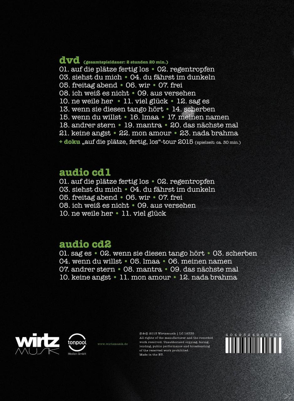 Rückseite einer DVD-Hülle mit Trackliste, Logos und Text auf Deutsch. Schwarzer Hintergrund.