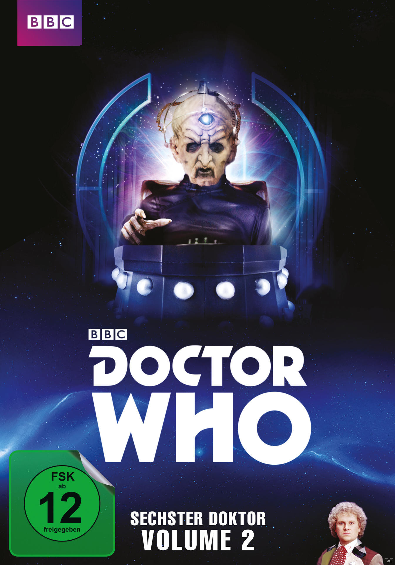 Doctor Who DVD-Cover mit dem sechsten Doktor, einem grünen Logo und anderem Text.