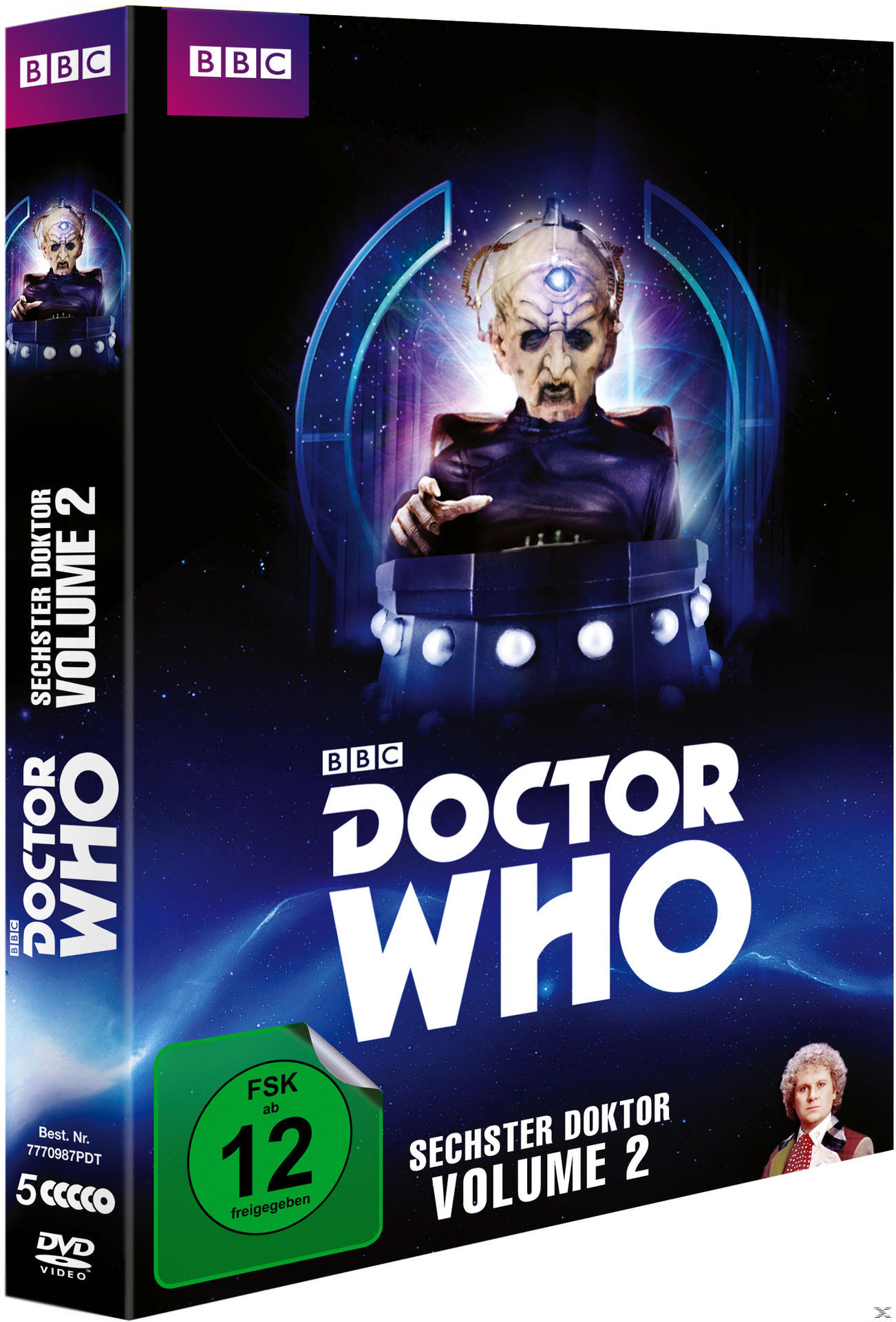 DVD-Cover, Doctor Who, Volume 2. Ein Wesen mit weißem Gesicht. BBC-Logo und FSK-Logo.