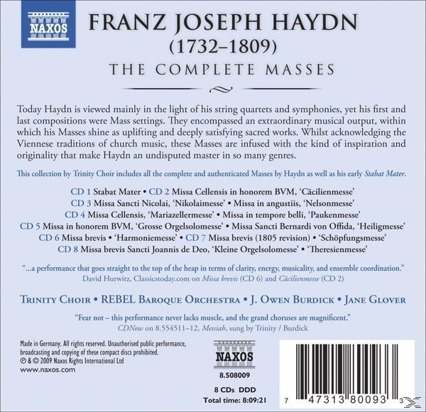 CD-Rückseite: Franz Joseph Haydn, The Complete Masses, mit Titellisten und Logo.