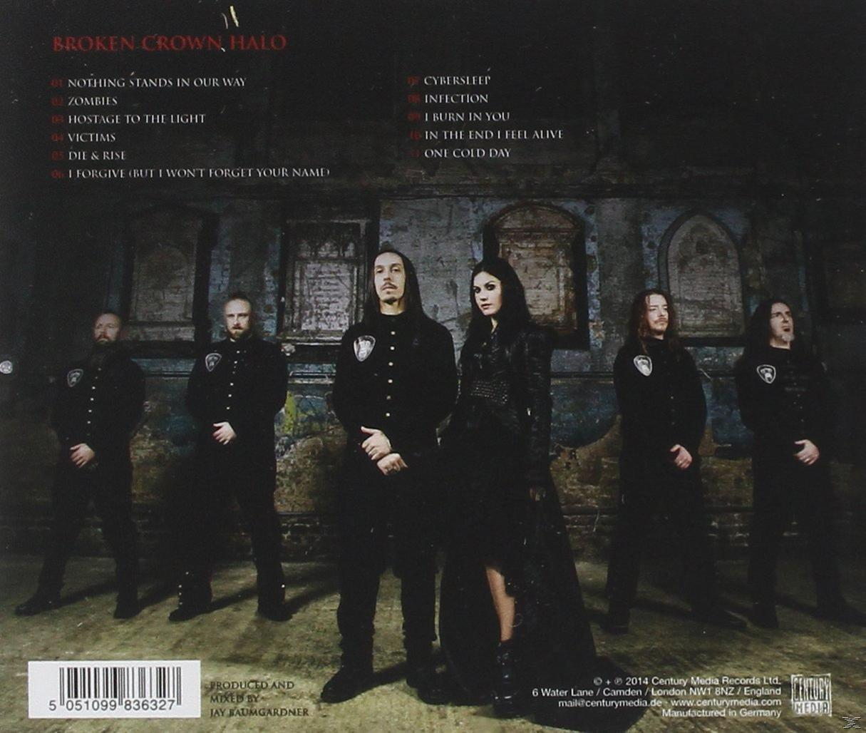CD-Rückseite. Ein dunkles Bild einer Band vor einem Gebäude. Die Bandmitglieder sind in Schwarz gekleidet.