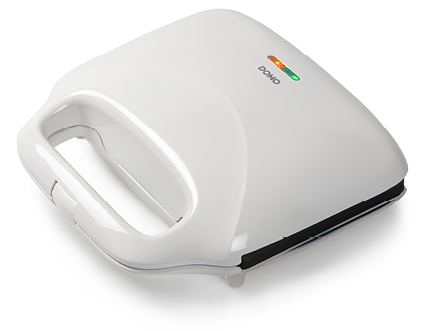 White sandwich maker with a handle and lights. Clean, modern design.