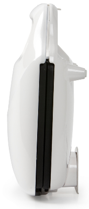 White waffle iron, side view. Black heating plates visible, handle on top. White background.