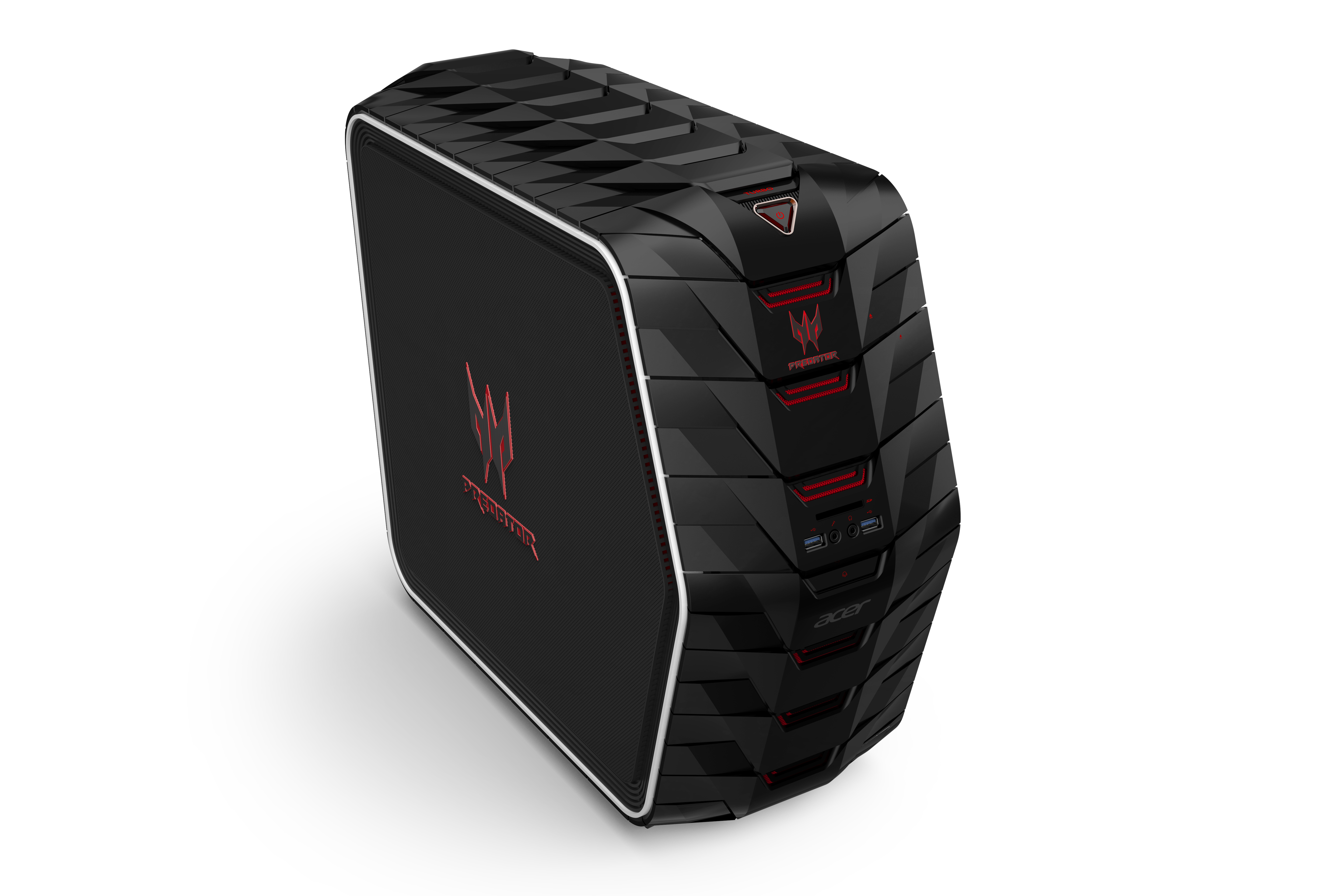 Schwarzer und roter Predator Gaming-Desktop-Computer auf weißer Oberfläche, Schrägansicht.
