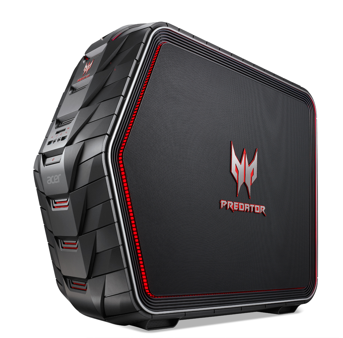 Schwarzer und roter Acer Predator Gaming-PC. Aggressives Design, Seitenansicht mit Logo.