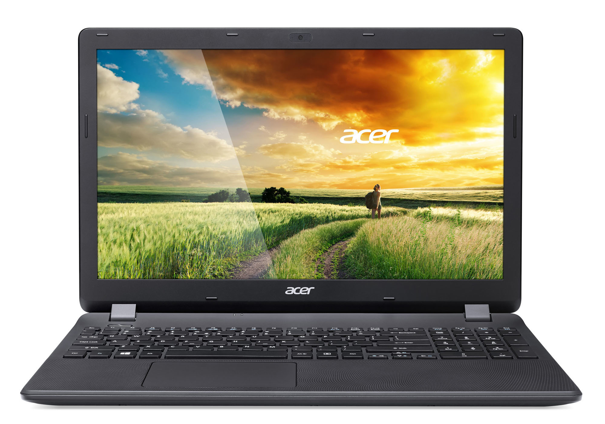 Acer-Laptop mit einem Feld mit Pfad unter Sonnenuntergang. Der Laptop ist schwarz, geöffnet auf weißem Hintergrund.