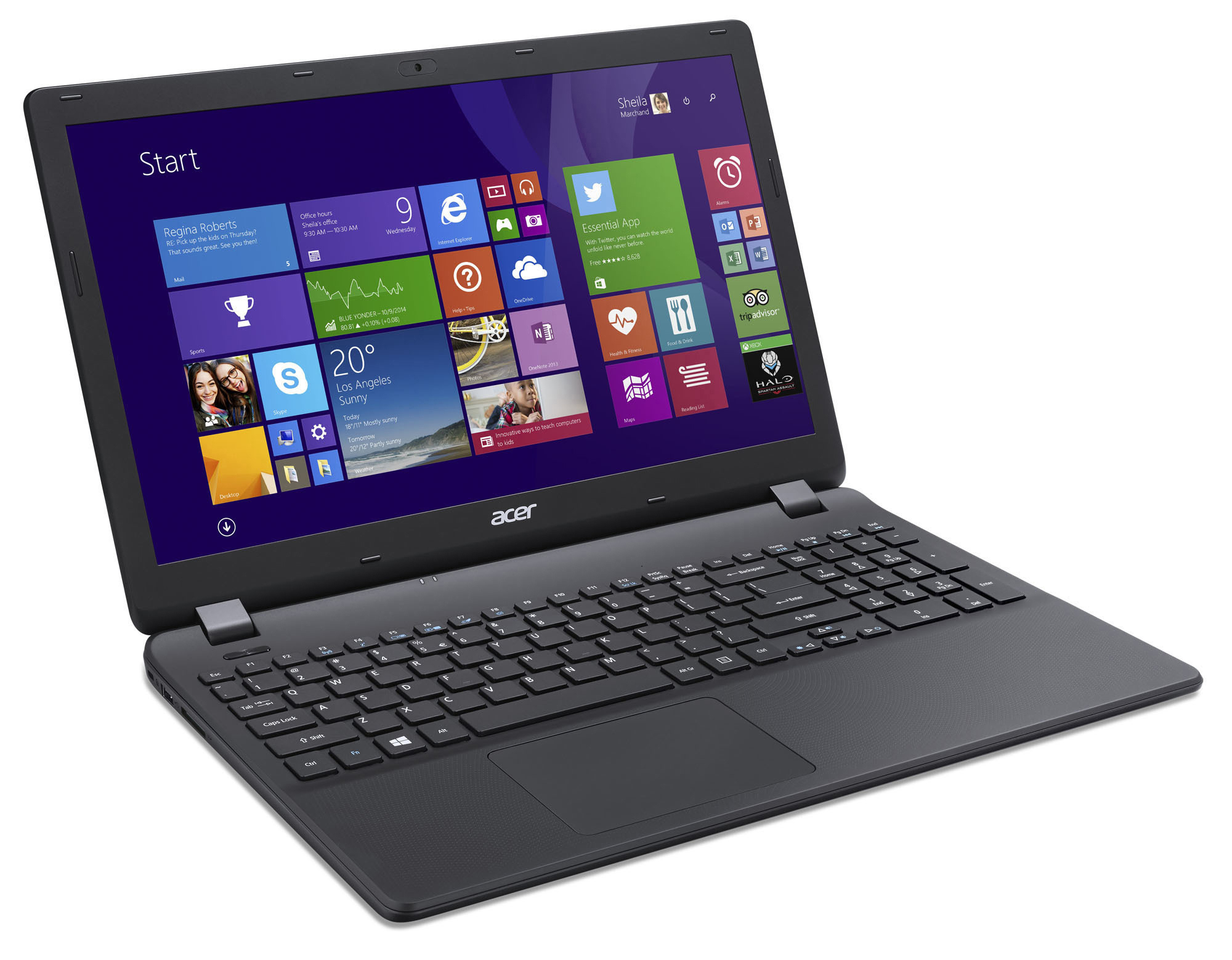 Schwarzer Acer Laptop mit Windows Startbildschirm. Der Bildschirm zeigt App-Kacheln. Die Tastatur ist sichtbar.