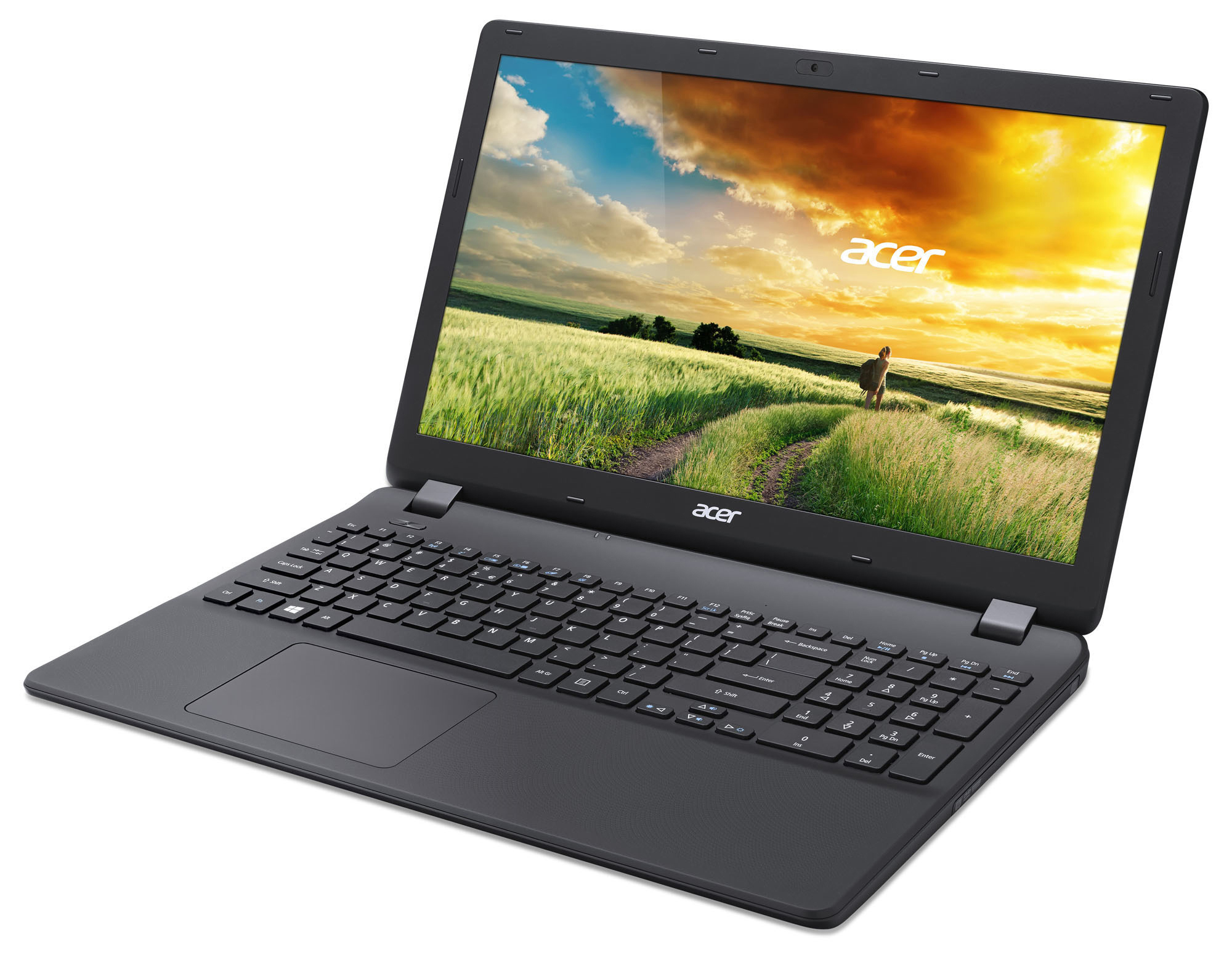 Schwarzer Acer-Laptop auf weißer Oberfläche. Der Bildschirm zeigt eine sonnige Landschaft mit einer Person.