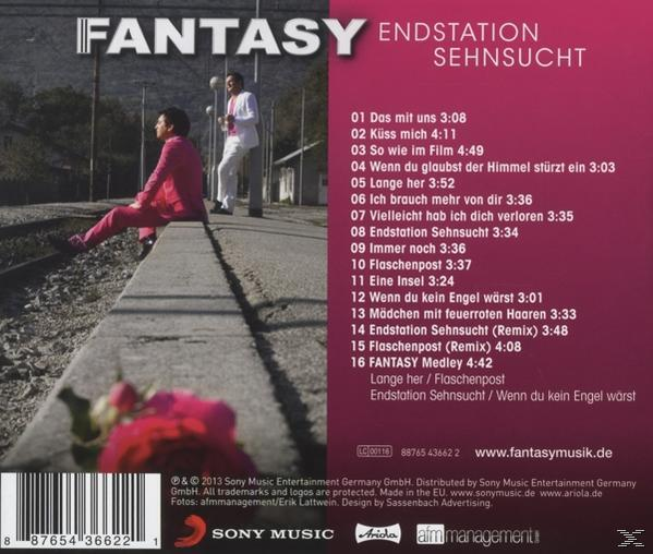 Albumcover: Zwei Männer in rosa und weiß auf einer Plattform. Titel: FANTASY ENDSTATION SEHNSUCHT. Titelliste und Rose im Vordergrund.