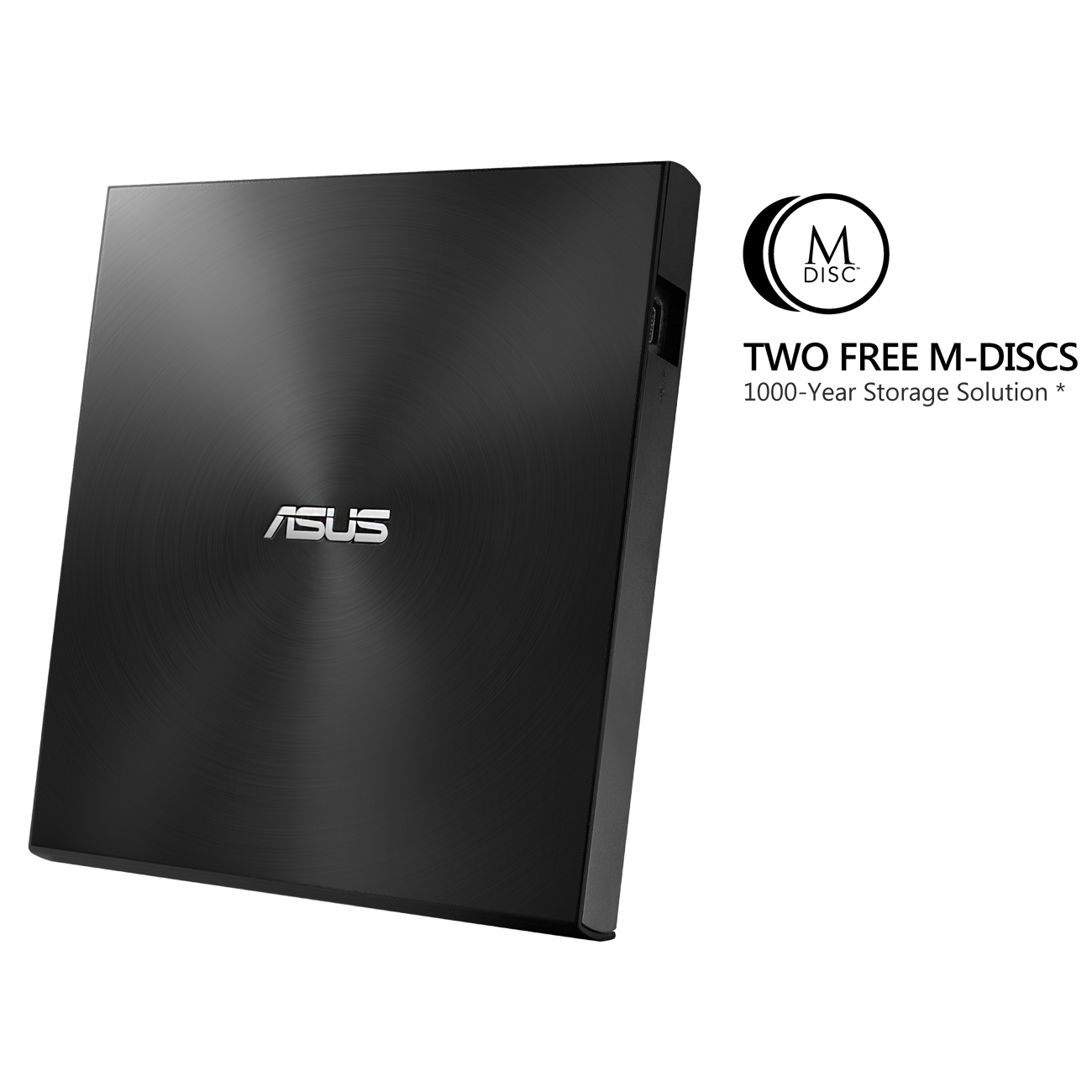Schwarzes externes ASUS DVD-Laufwerk mit silbernem ASUS-Logo und Text.