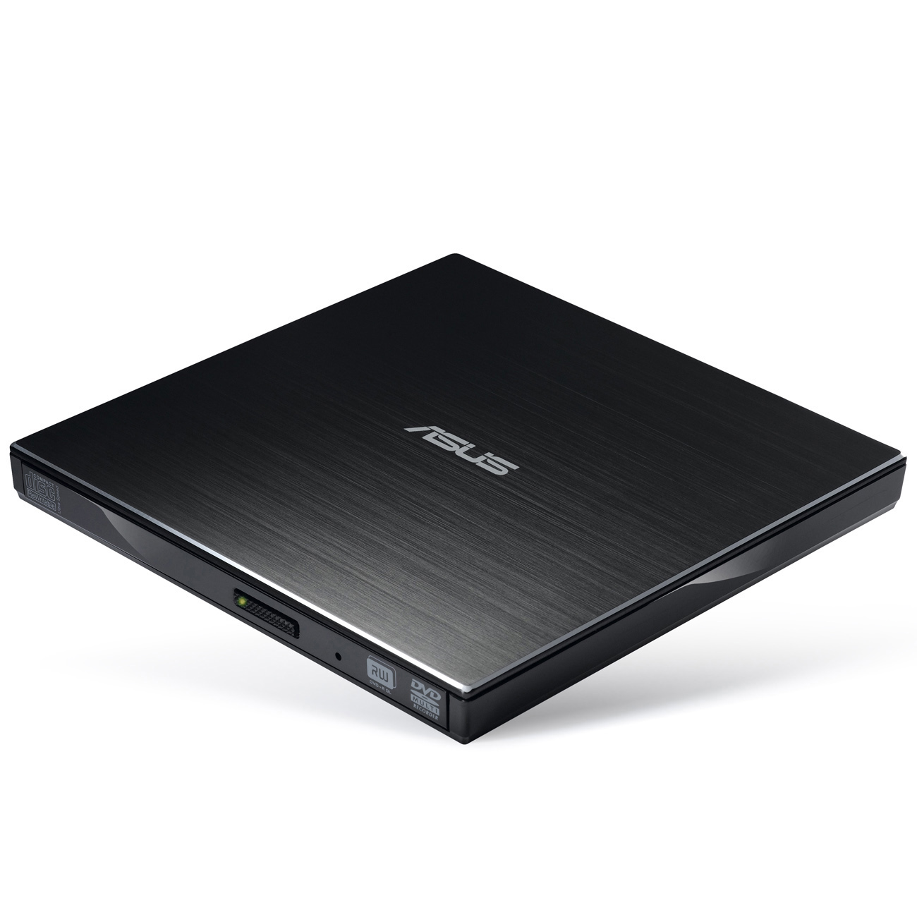 Schwarzer ASUS DVD-Brenner. Metallische Oberfläche mit Power-Taste und Licht.