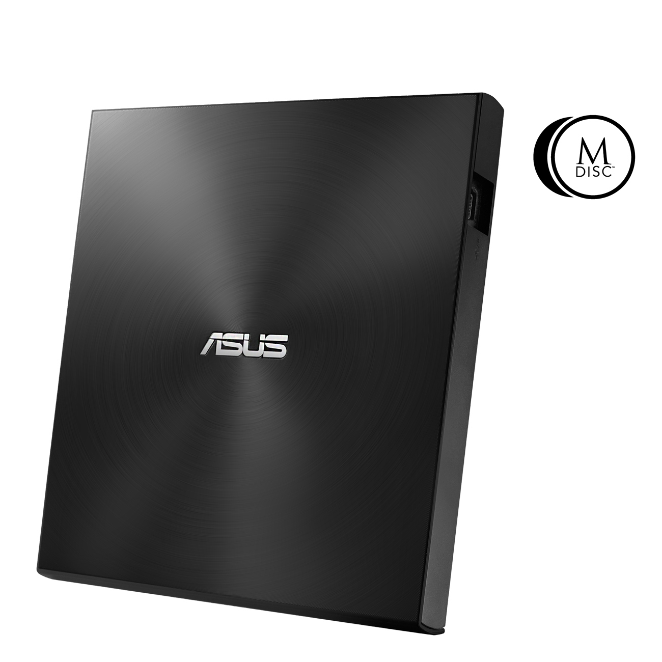 Schwarzes externes ASUS-DVD-Laufwerk mit kreisförmigem Muster oben und 'M DISC'-Logo.