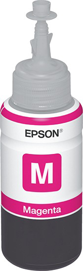 Flacone di inchiostro magenta Epson. Etichetta bianca con la lettera M. Il colore del flacone è nero.