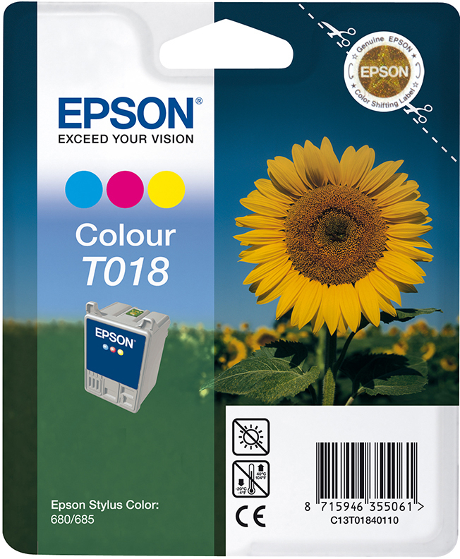 Epson Tintenpatronenverpackung mit Sonnenblumenbild. Die Verpackung zeigt die Tintenpatrone und Farbfelder.