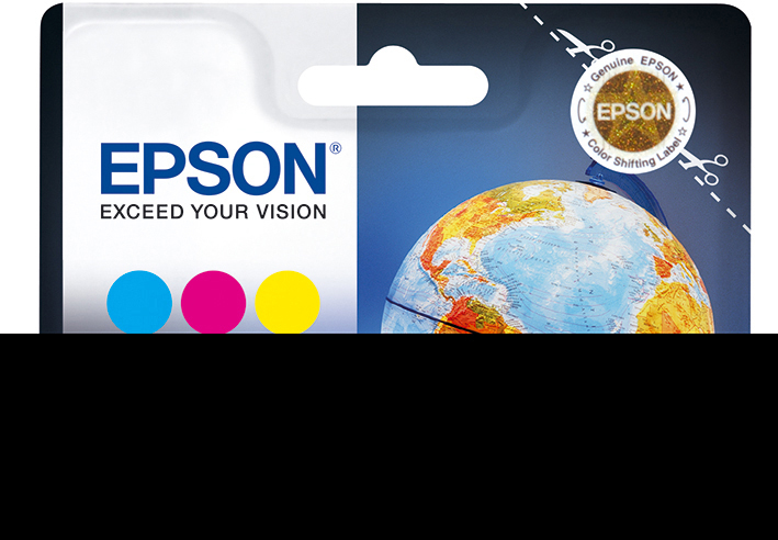 Epson Tintenpatronenverpackung mit Globus-Bild. Blaue, rosa und gelbe Tinte sichtbar.