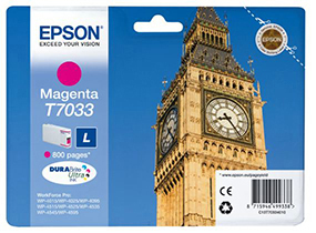 Epson Magenta Tintenpatrone. Die Patrone befindet sich in einer Verpackung mit einem Bild von Big Ben und blauem Himmel im Hintergrund.