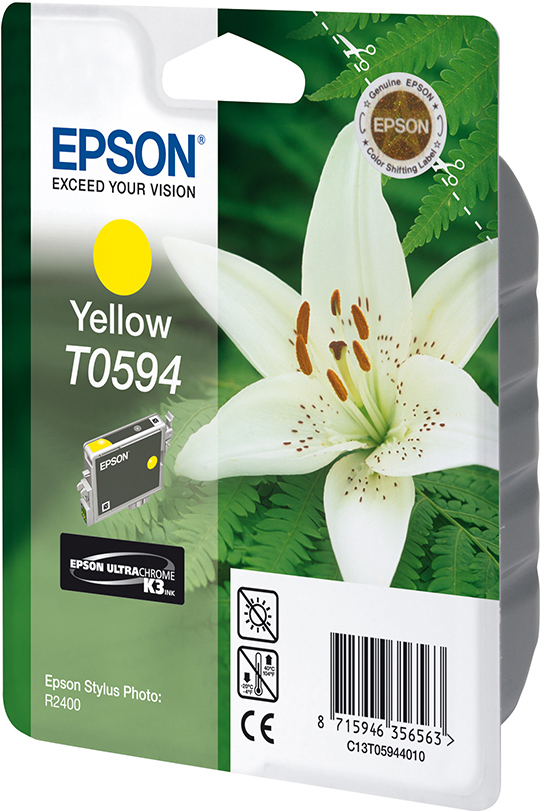 Epson Yellow T0594 Tintenpatronenverpackung, mit einer Lilienblüte.