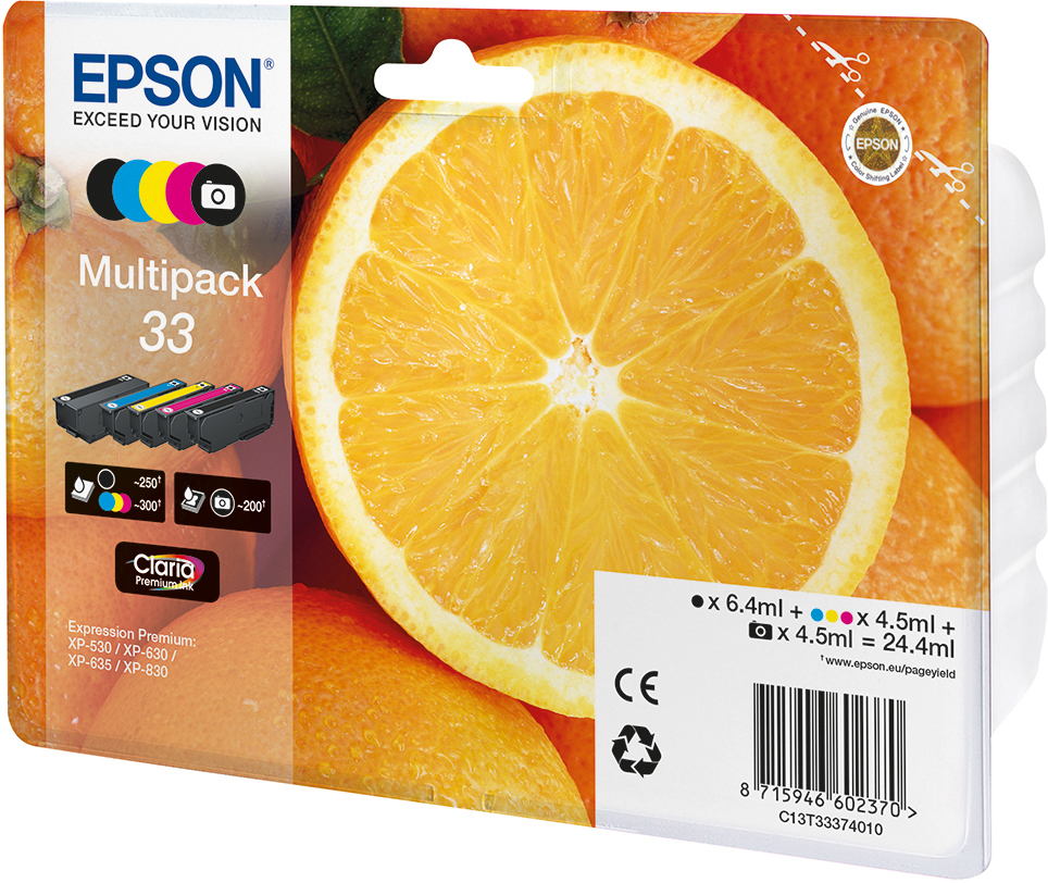 Epson Tintenpatronen-Multipack mit Orangenscheibe, Farben und Textetiketten.