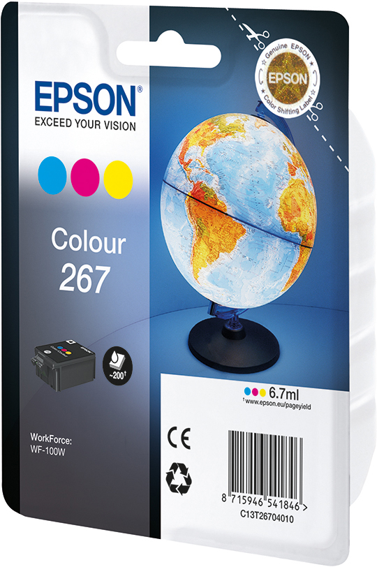 Epson Farb-Tintenpatronenverpackung. Ein Globus, Text 'Colour 267' und das Epson-Logo sind sichtbar.