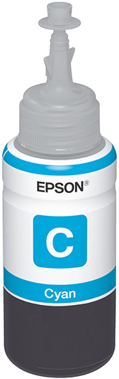 Flacone di inchiostro Epson Cyan. La bottiglia è bianca con una striscia blu e un'etichetta di inchiostro ciano.