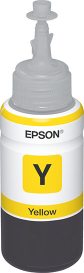 Eine weiße Tintenflasche mit gelbem Etikett und dem Aufdruck "Yellow".
