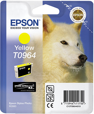 Epson gelbe Tintenpatronenverpackung. Zeigt ein Wolfsbild und Text 'Yellow T0964'.