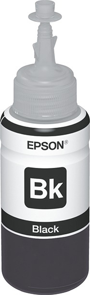 Bottiglia di inchiostro nero Epson. Bottiglia bianca con testo nero 'Bk Black'.