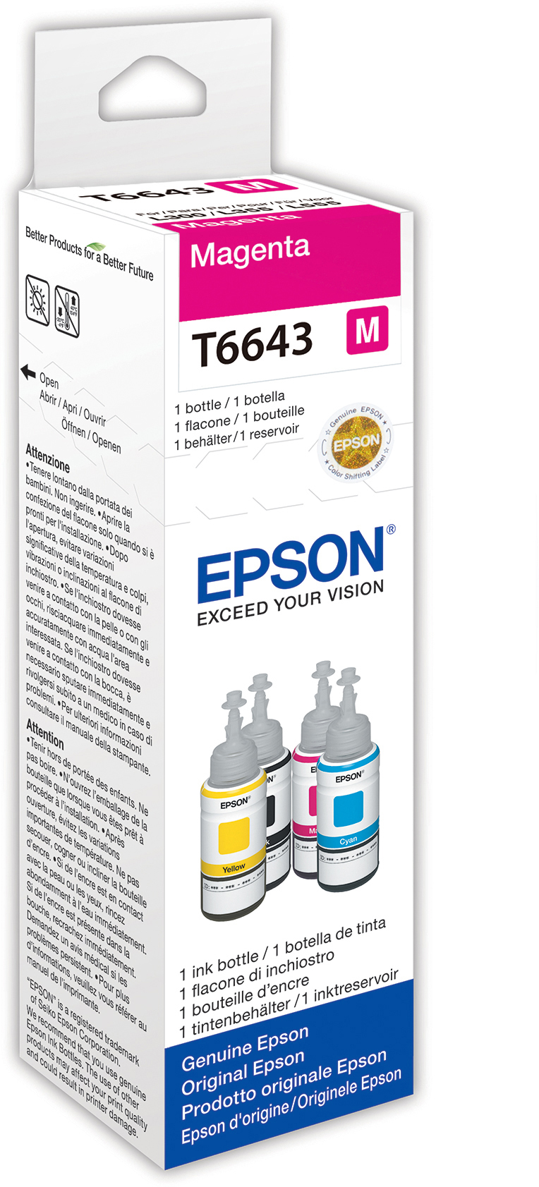 Una scatola di cartucce d'inchiostro magenta Epson con bottiglie e testo.