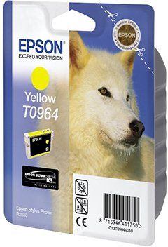 Epson Tintenpatronenverpackung mit Wolfsbild. Gelbe Tinte ist sichtbar.