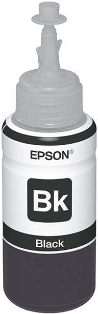 Bottiglia di inchiostro Epson bianca con etichetta 'Bk' e 'Black'. La parte superiore ha un ugello.
