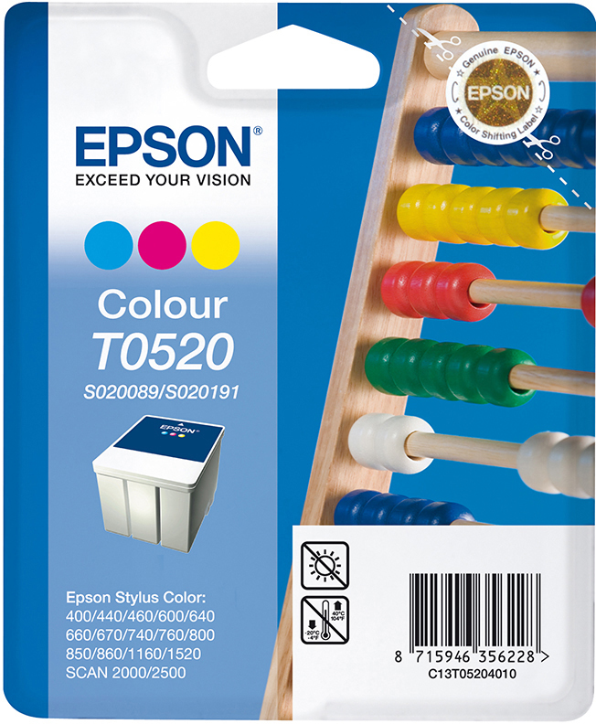 Epson Tintenpatrone. Es hat cyan-, magenta- und gelbe Tinte. Der Text lautet 'Color T0520'.