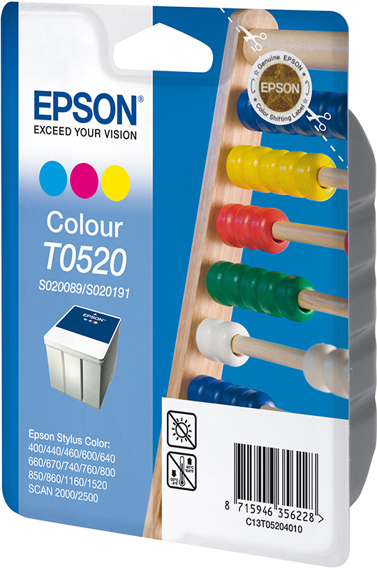Epson Tintenpatronenpackung mit Farbkreisen und einem Abakus-Bild auf der Seite.